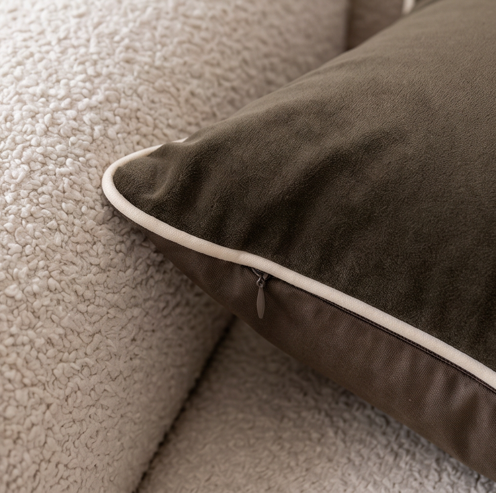 Outline Cushion Coffee — cotton-linen, white trim, 50×50cm | HAY