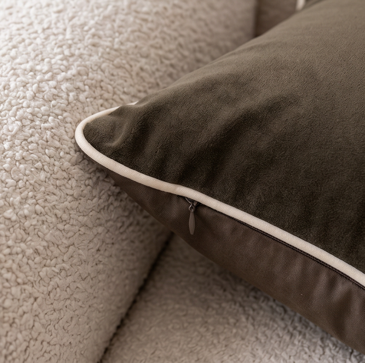 Outline Cushion Coffee — cotton-linen, white trim, 50×50cm | HAY