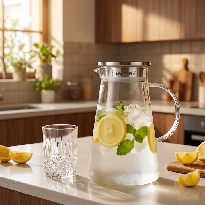 Borosilicate Jug in home — built-in fruit strainer, hot and cold | HAY